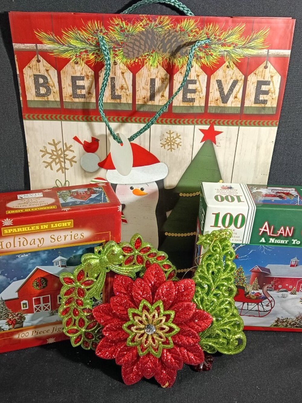 Christmas Puzzle Gift Set 2 100 Piece Puzzles 3 Glitter Ornaments and gift bag